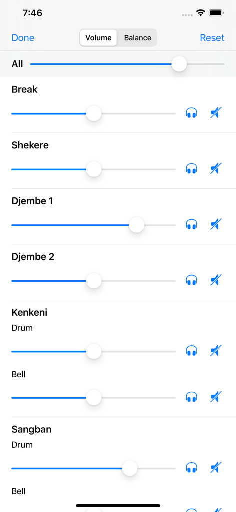 Mezclador de volumen en la aplicación para DjembeTime que permite el control independiente de los sonidos de los tambores Djembe, Shekere y Dundun
