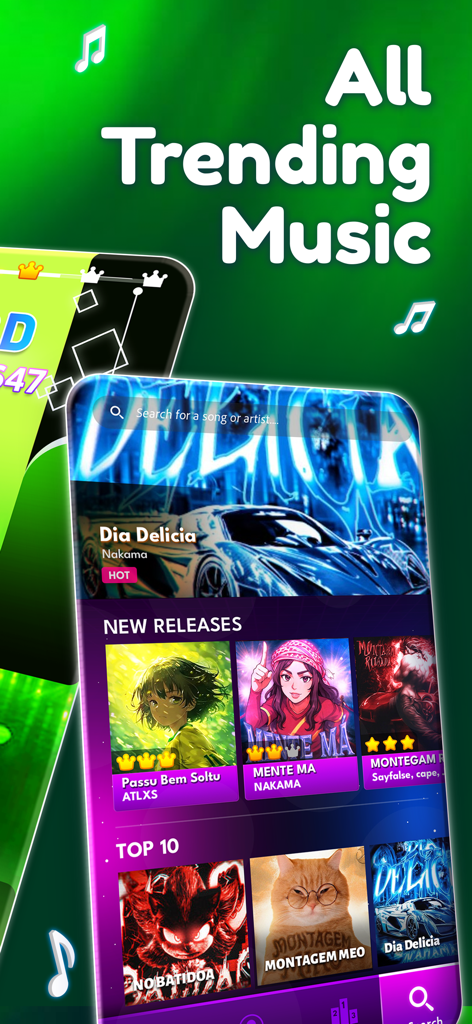 Magic Level 9: Tap Piano Game - マジックレベル9の音楽ライブラリのスクリーンショット。トレンドの曲と新着リリースが表示されています。