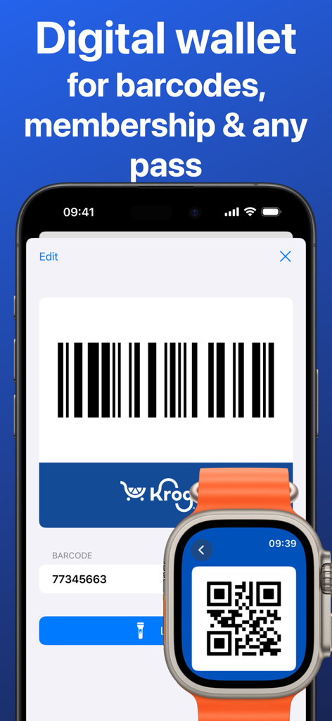 Digitale Geldbörsen-App für Kundenkarten zeigt einen Barcode auf dem iPhone und einen QR-Code auf der Apple Watch