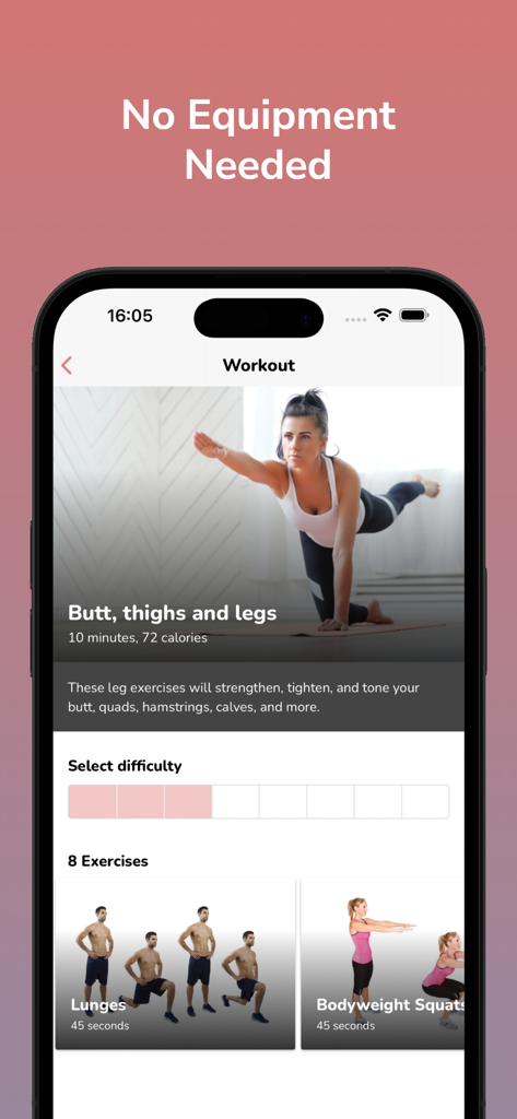 Female Workouts - Interfaz de la aplicación Female Workouts mostrando una rutina de piernas y glúteos sin equipo en una pantalla de iPhone.