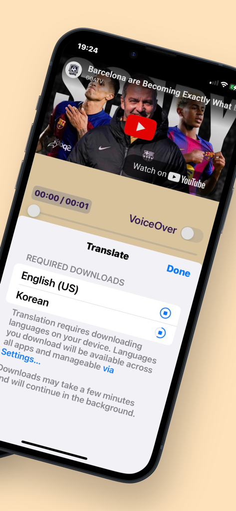 YT Translate for Youtube - Interface do aplicativo YT Translate mostrando opções para baixar idiomas para tradução de vídeo e dublagem.