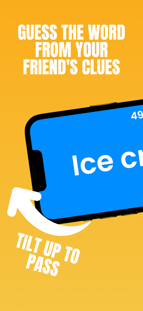 Charades - Guess The Word! - Smartphone displaying the Charades game with instructions to tilt up to pass.