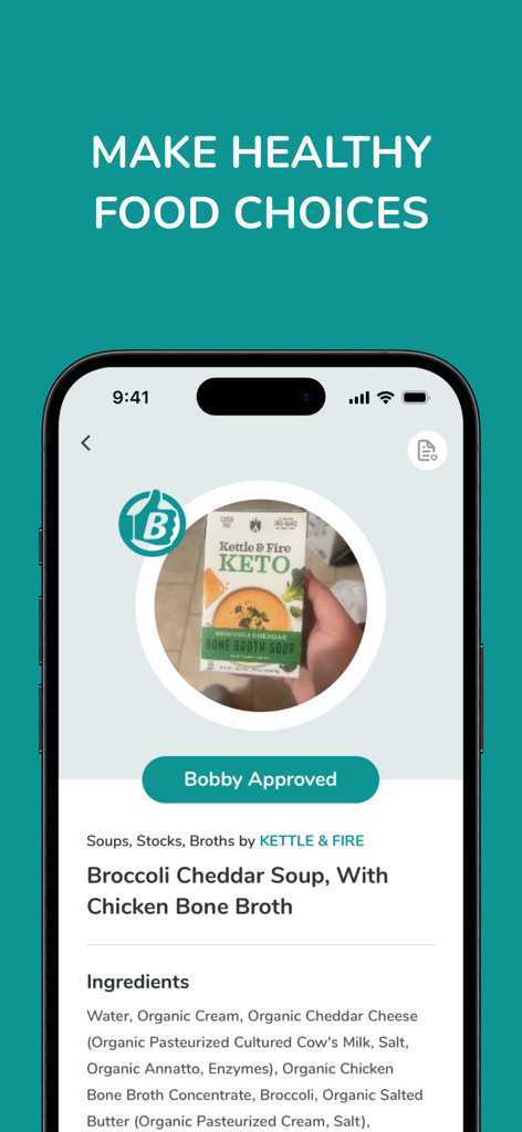 Bobby Approved app interface showing a healthy keto broccoli cheddar soup marked as Bobby Approved with a list of clean ingredients