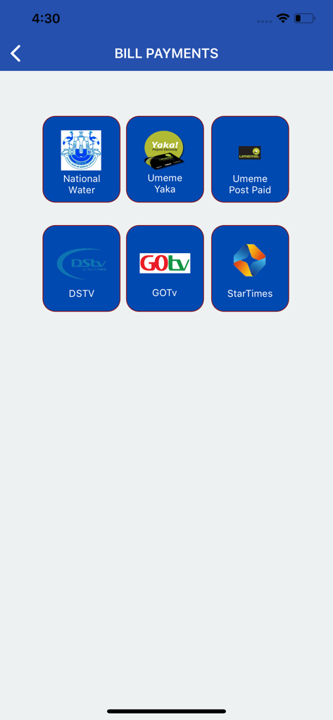 수도, 전기, TV 서비스를 위한 Housing Finance Bank Uganda 모바일 앱 공과금 결제 화면