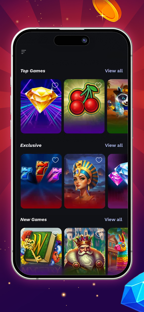 Slot app: mega play - カラフルなアイコンが特徴のトップゲームや限定タイトルなどのセクションがあるスロットマシンゲームライブラリを表示するモバイル画面。