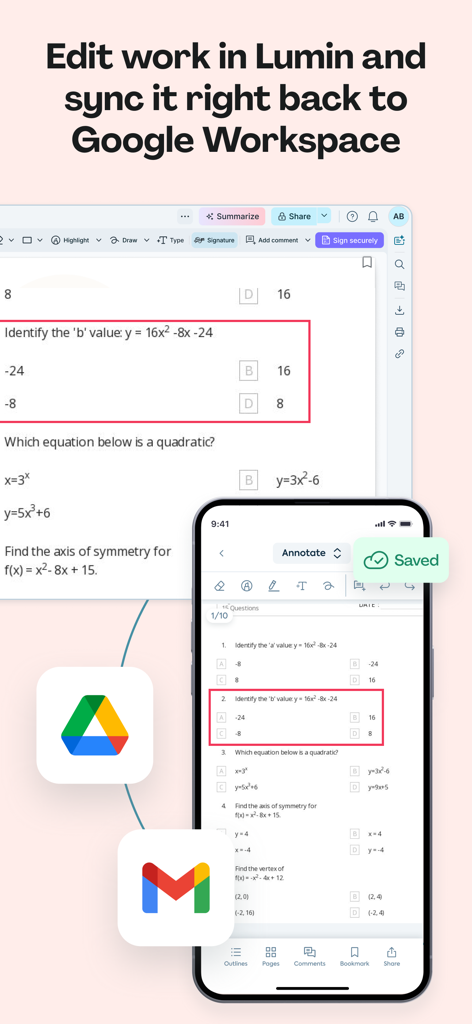 Lumin: View, Edit, Share PDF - Una interfaz móvil y de escritorio que muestra la aplicación Lumin editando un documento PDF y sincronizando cambios con Google Workspace