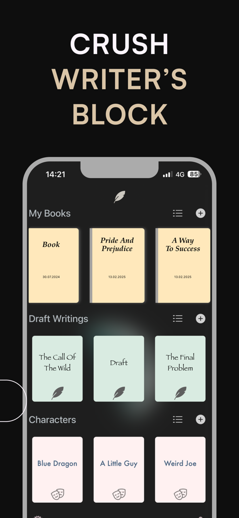 Book Writer - Novel Writing - Dashboard dell'app mobile per Book Writer che mostra copertine di libri, scritti in bozza e profili di personaggi per aiutare gli autori a organizzare i loro romanzi.