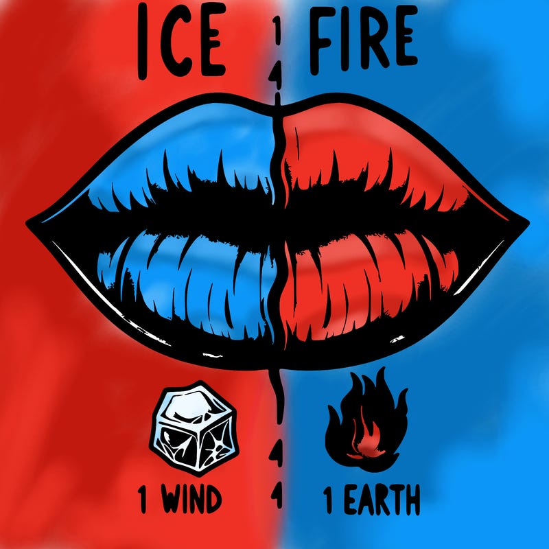 realistic lip split in fourth . 1 fourth ice 1 fire 1wind 1 earth