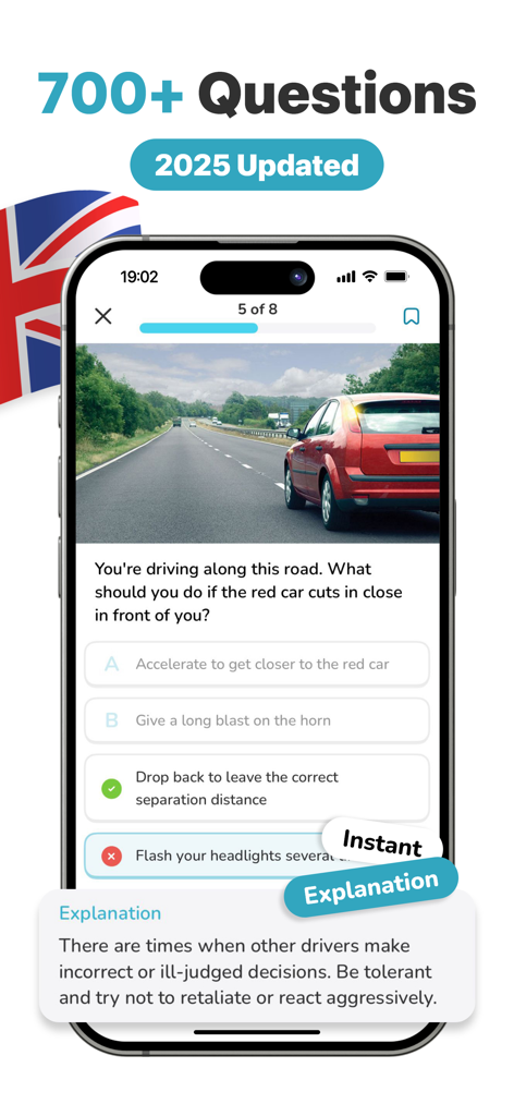A mobile app screen showing a UK driving theory practice question with multiple choice options and an instant explanation box