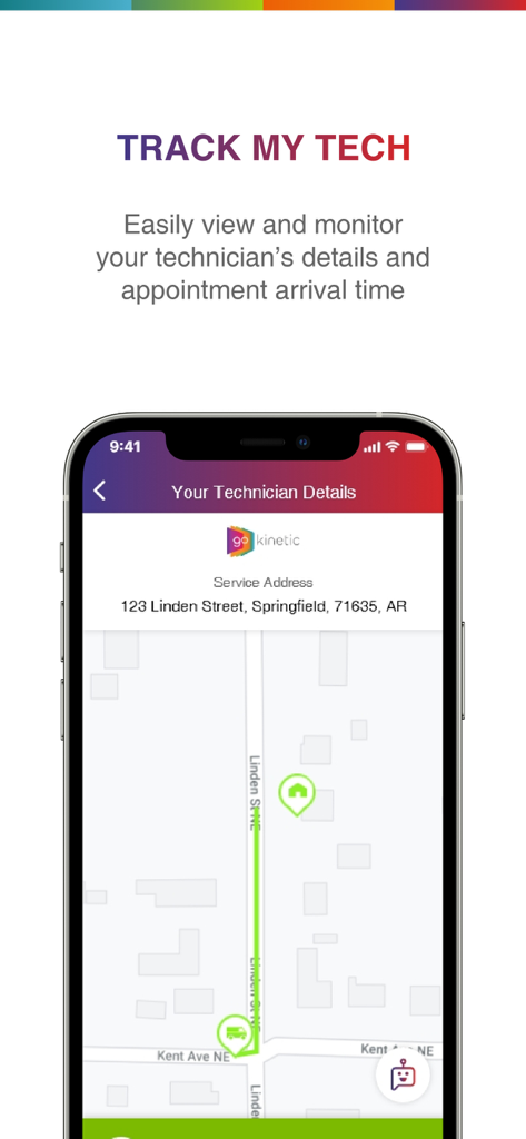 Go Kinetic - Go Kinetic app Track My Tech feature showing a map with a technician arrival tracking and service address.
