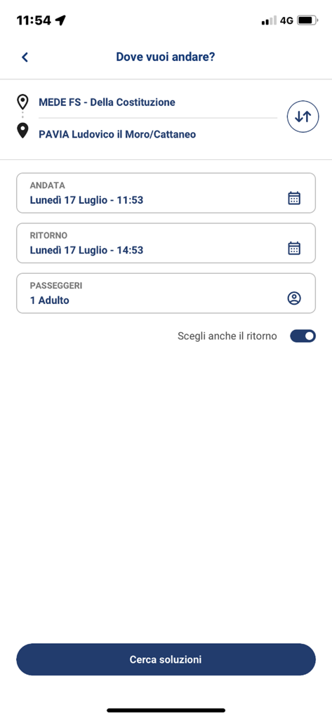 Autoguidovie - Interface of the Autoguidovie app showing a bus trip search from Mede to Pavia