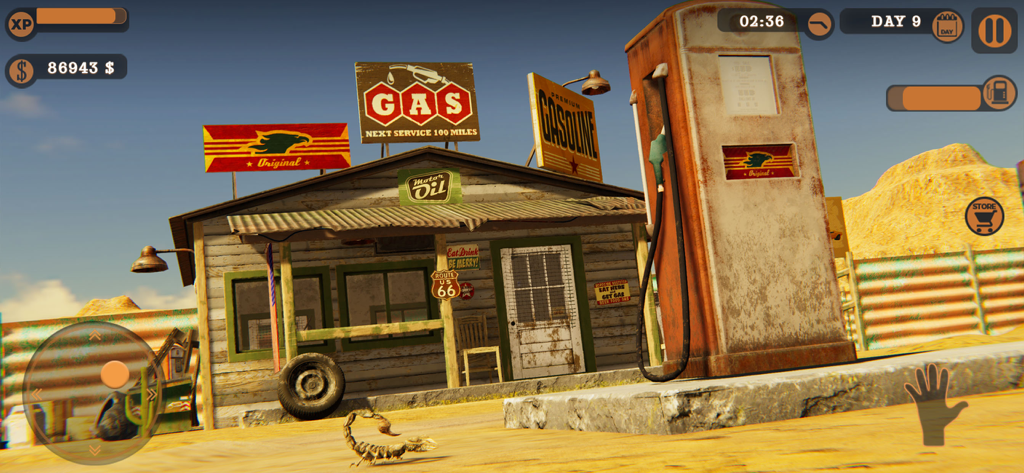 My Gas Station Market Sim - Gameplay view of a desert gas station with a vintage fuel pump and management interface in My Gas Station Market Sim