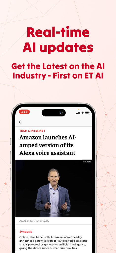 ET AI: On-the-Go AI News App - ET AI app interface showing real-time AI industry news and a synopsis of an article about Amazon Alexa