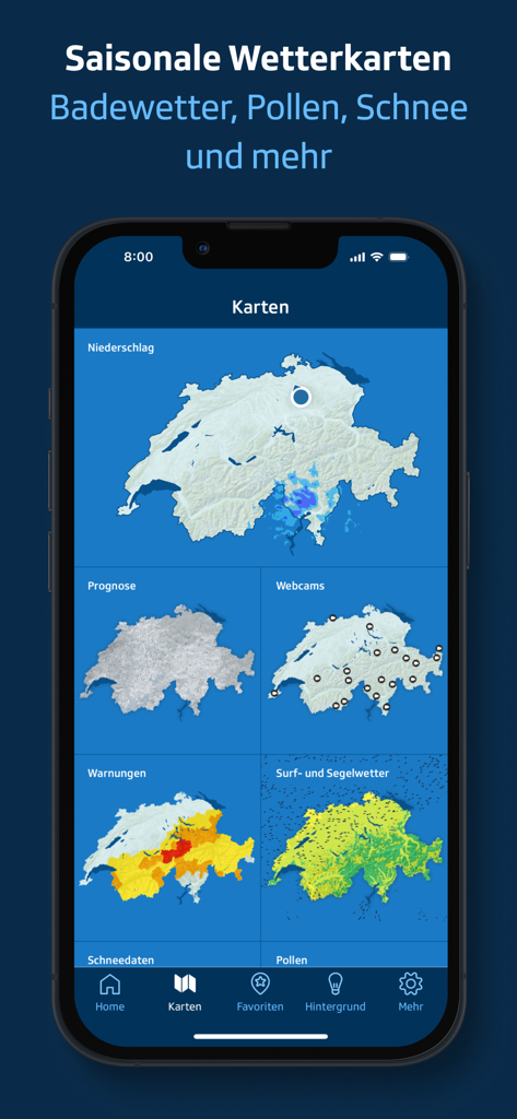SRF Meteo - Wetter Schweiz - Interface of the SRF Meteo app displaying various seasonal weather maps of Switzerland including precipitation, webcams, and snow data.