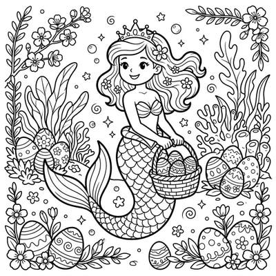 Dive into a magical Easter celebration with this charming mermaid coloring page. A joyful merfolk collects decorated eggs amidst lush underwater plants, offering a delightful and unique coloring adventure.
