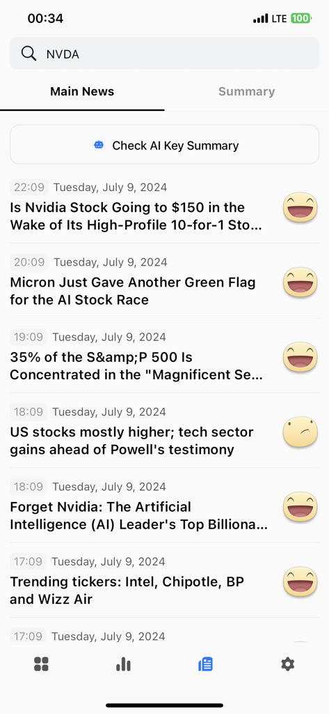 Stock news feed with AI summary button and financial headlines in the HeatMap app