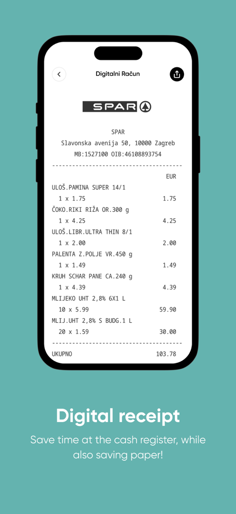 SPAR Croatia - Ein digitaler Kassenbon auf einem Smartphone-Bildschirm in der SPAR Kroatien App, der eine detaillierte Aufschlüsselung der gekauften Lebensmittel und der Gesamtkosten zeigt.