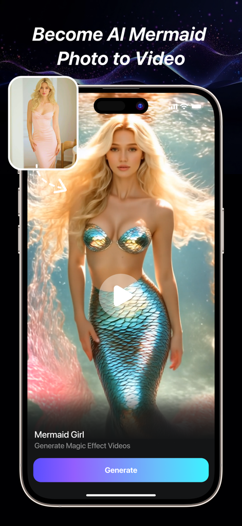 Genie AI - AI Video Generator - Genie AI app interface demonstrating a photo to video transformation into an AI mermaid