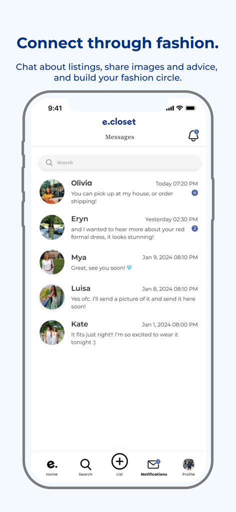 In-app messaging screen showing conversations between students about clothing rentals and sales on the E Closet app