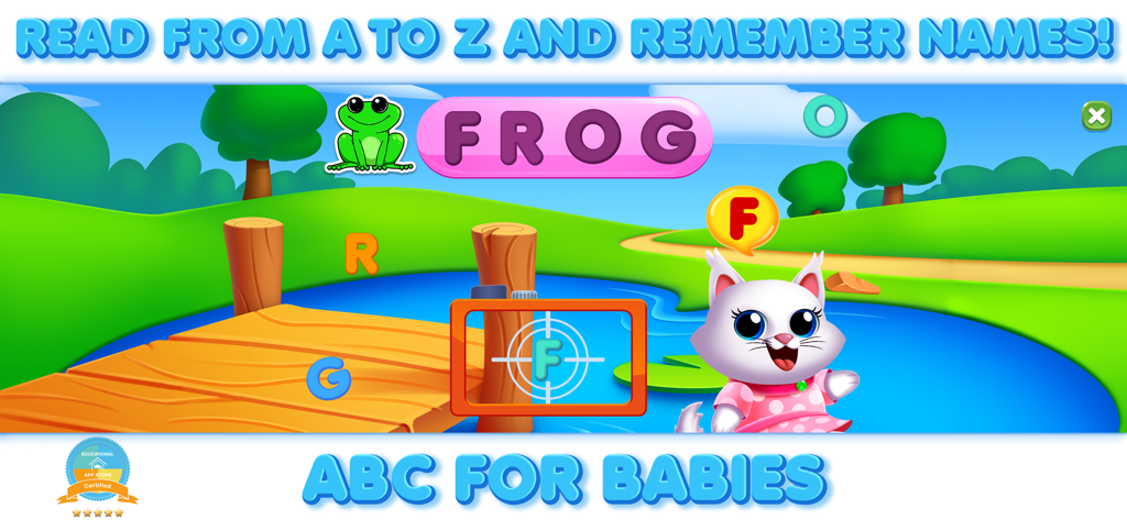 Educational game for kids teaching the alphabet with a cartoon cat taking pictures of letters to spell Frog.