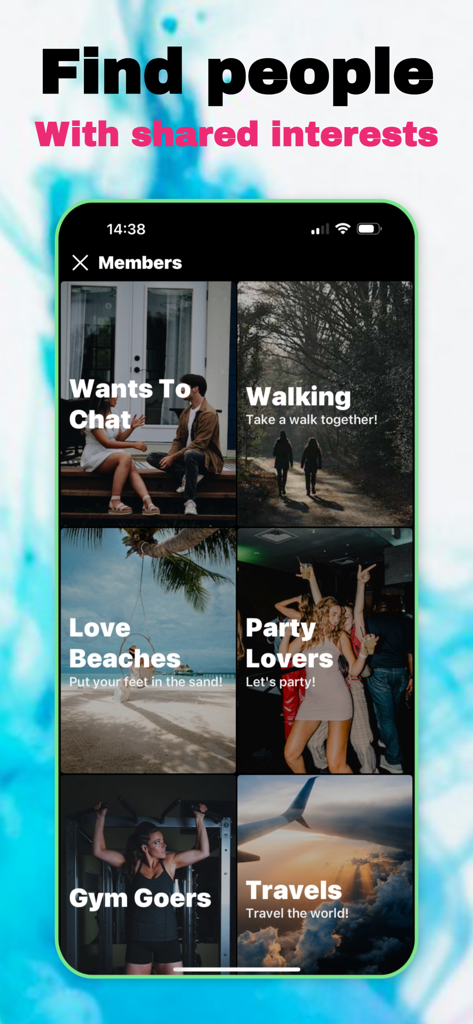 Video Chat, Go Live - Minglify - Minglify App-Bildschirm zeigt Interessenskategorien wie Reisen und Fitness, um Menschen mit gemeinsamen Interessen zu finden