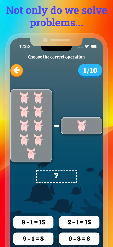 Math and number: Kids Learning - Tela do aplicativo de aprendizado de matemática para crianças apresentando um problema de subtração com porquinhos em desenho animado