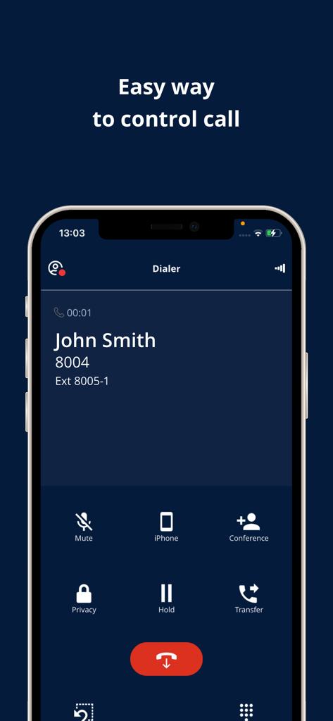 Unigy Mobile Client - Active call interface on Unigy Mobile Client showing options for conferencing holding and transferring calls