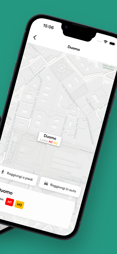Vista mappa della stazione Duomo nell'app Metro Milano che mostra le opzioni di indicazioni a piedi e in auto