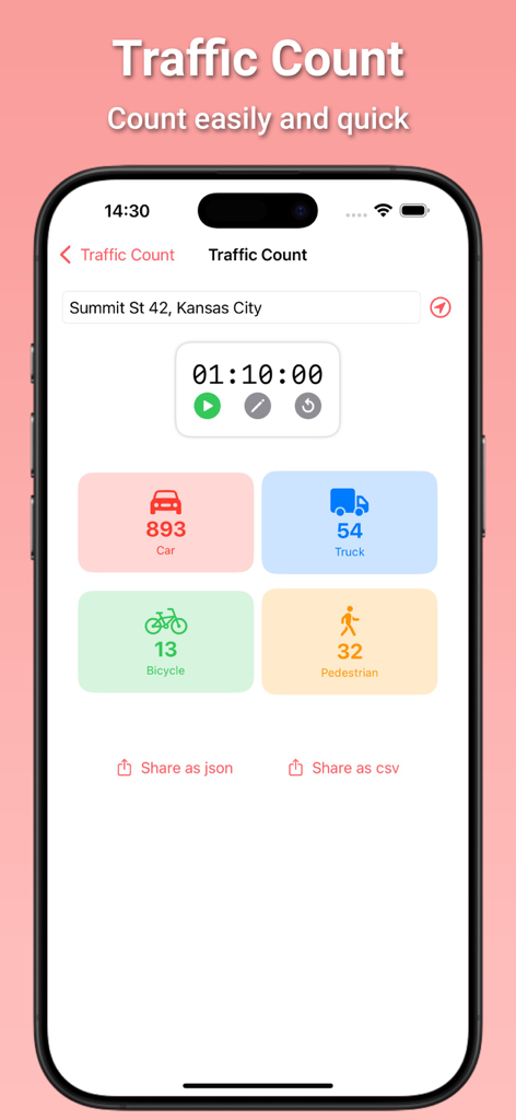 Traffic Count app screen showing tally results for cars trucks bicycles and pedestrians