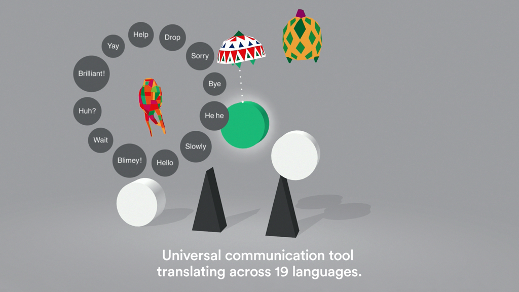 Minimalist characters in Dreii using a circular communication wheel to interact across nineteen languages