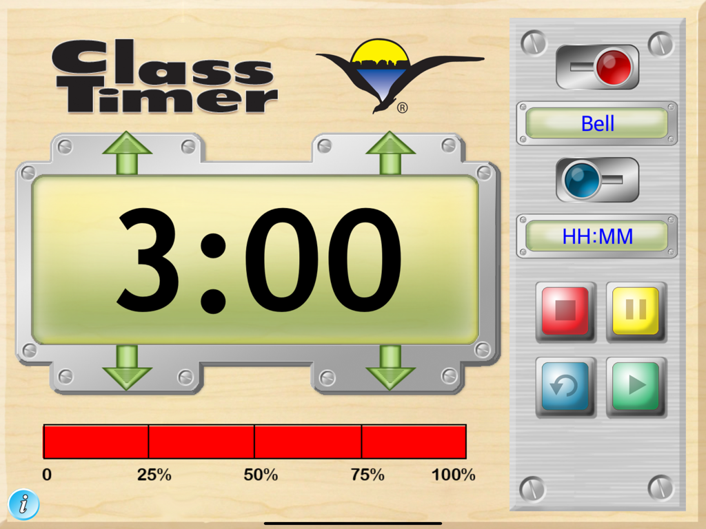 Interface of the ClassTimer app featuring a large digital countdown display and a red visual progress bar graph