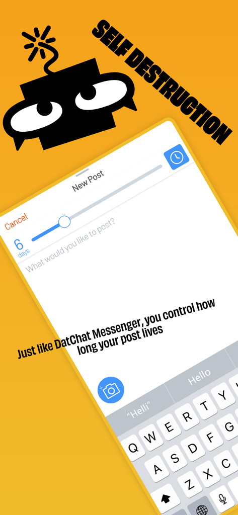 소셜 게시물에 대한 자동 삭제 타이머를 설정하는 방법을 보여주는 DatChat 앱 인터페이스 슬라이더