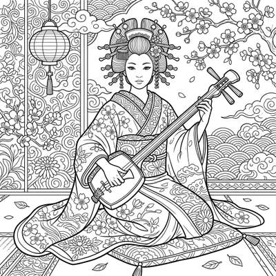 Discover the serene beauty of traditional Japan with this intricate coloring page featuring a geisha playing a shamisen. This elegant design invites colorists of all ages to explore rich cultural details and create a vibrant masterpiece.