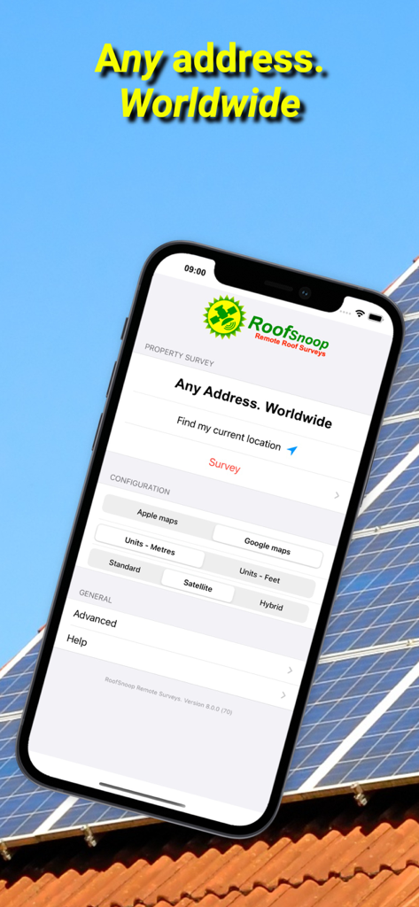 RoofSnoop - RoofSnoop mobile app interface showing the property survey and map configuration settings for solar panel installations