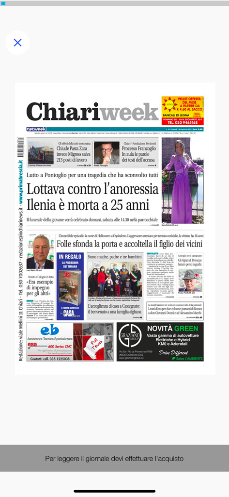 Chiari Week Edicola Digitale - Front page of the Chiariweek local newspaper displayed in the mobile app