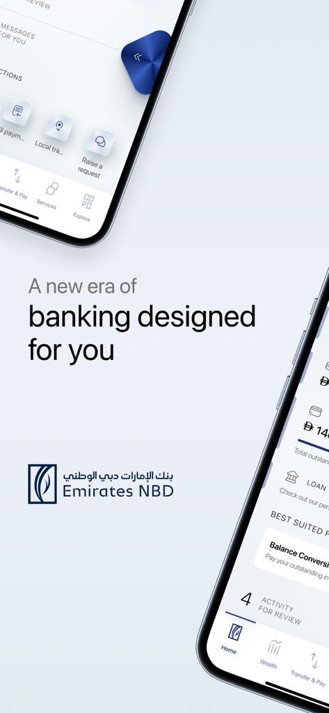 ENBD X - O aplicativo de mobile banking ENBD X da Emirates NBD com design moderno e serviços bancários globais.