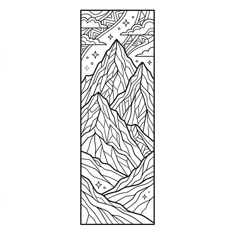 Embark on a serene coloring journey with this stunning mountain peaks bookmark. Perfect for nature enthusiasts, it adds a touch of adventure to your reading time.