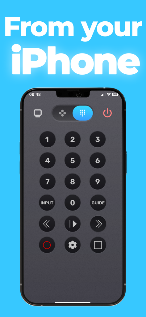 Remote control tv smart - Pantalla de iPhone mostrando una interfaz de control remoto digital para TV con un teclado numérico y botones de reproducción multimedia