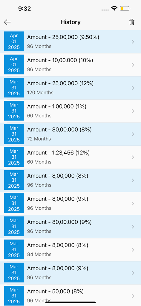 History screen displaying a list of saved loan calculations including amounts interest rates and tenures