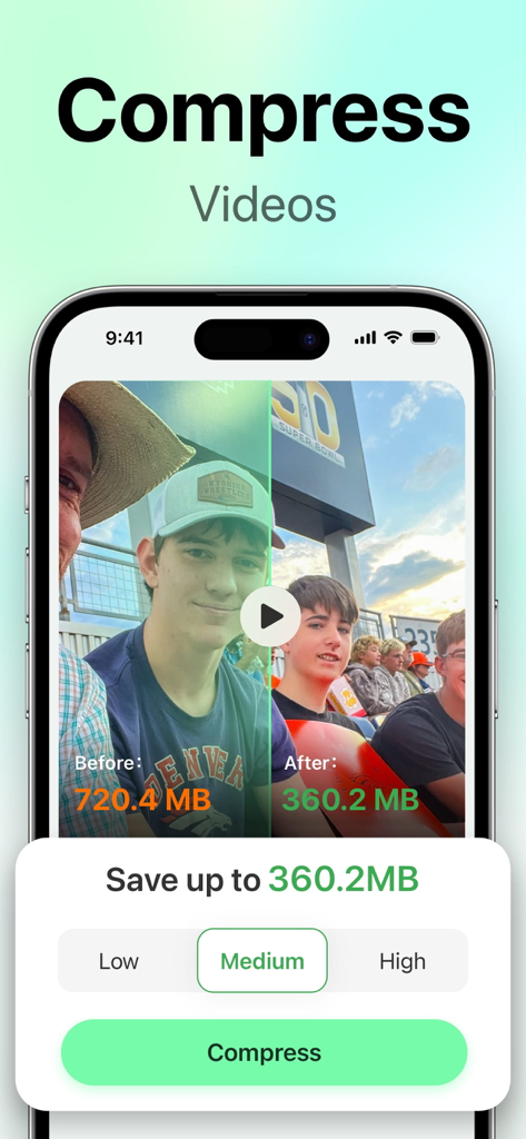 SwipeClean: Storage Cleanup - Oberfläche der SwipeClean-Mobil-App, die die Videokomprimierung zur Speichereinsparung zeigt