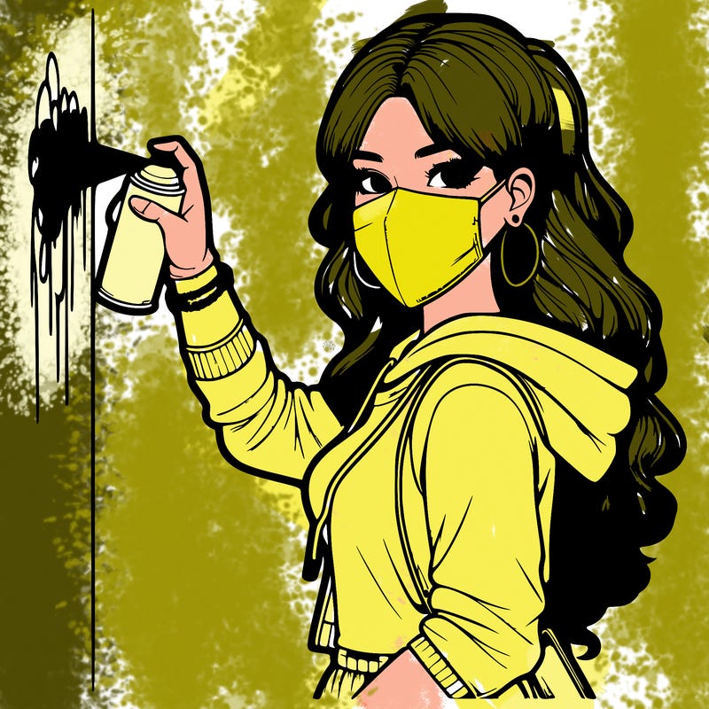 realistic girl with mask spray painting a wall