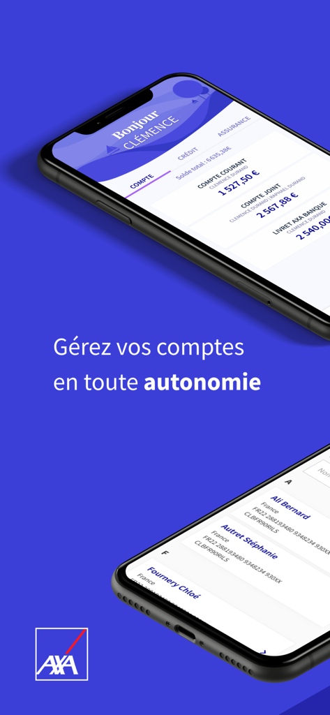 AXA Banque - Deux smartphones affichant le tableau de bord de l'application AXA Banque avec les soldes des comptes et une liste des titulaires de comptes bancaires