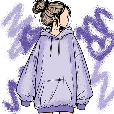 realistic girl with a oversized sweatshirt on and a bun