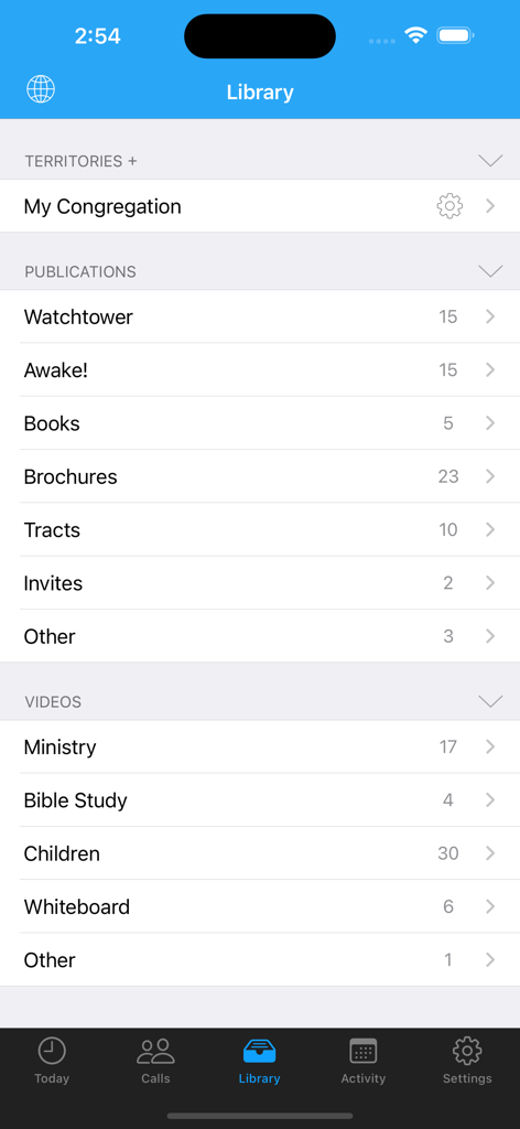 Interface of ServicePlanner app showing library of publications and videos