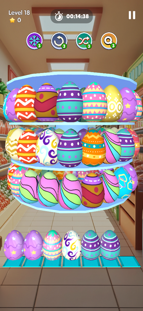 Huevos 3D coloridos con patrones en estantes giratorios en un juego de organización de supermercados