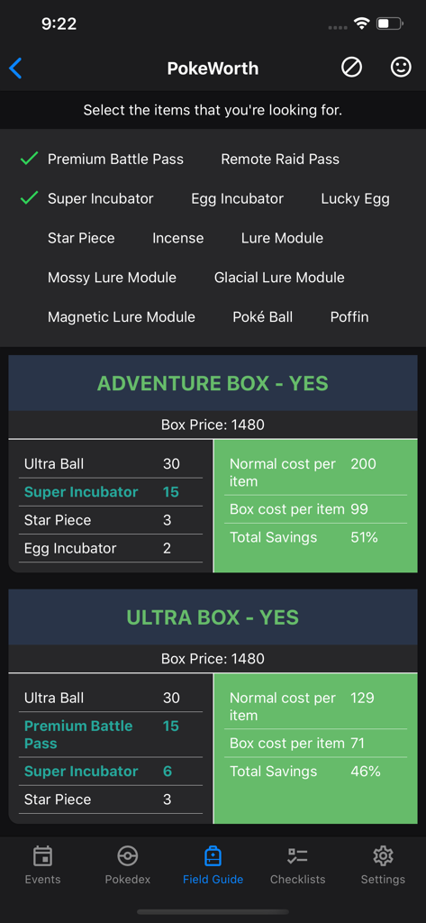 PokeWorth calculator in GO Field Guide showing value analysis and savings for Adventure and Ultra Boxes