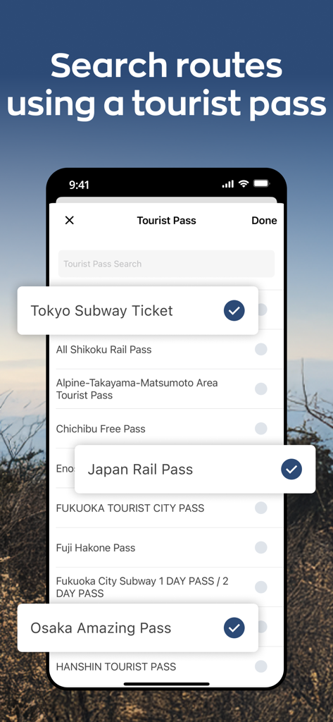 Japan Travel - Smart Transit - iPhone screenshot showing a list of Japanese tourist passes to select for route searching in the Japan Travel app