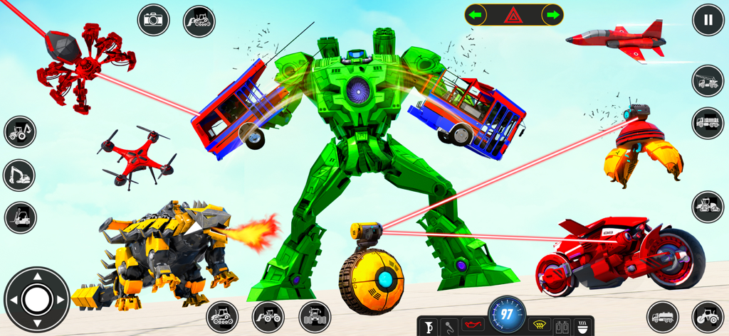 Super Robot Transform Games 3D - Giant green robot fighting a robotic dinosaur and a red futuristic motorcycle