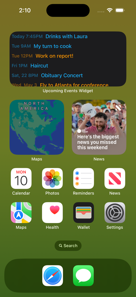 Upcoming Events Widget - An iPhone home screen featuring the Upcoming Events Widget displaying a list of future calendar entries