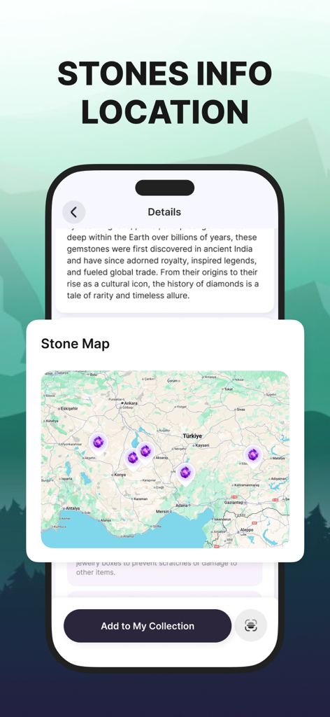 Rock Finder: Stone Identifier - Rock Finder app showing a stone map with gemstone locations and mineral identification details